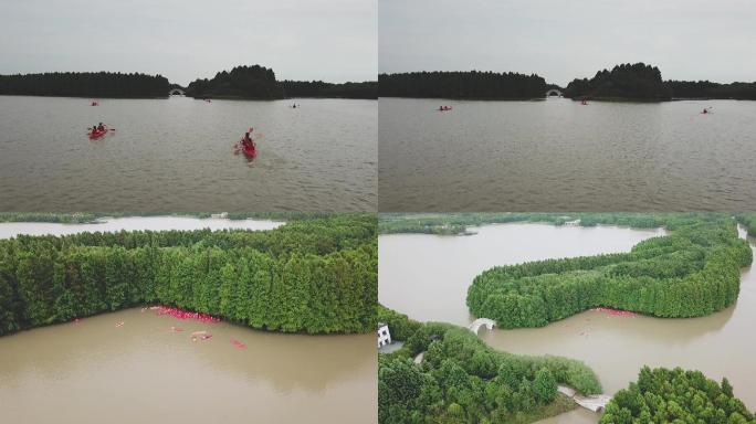 奉贤光明海湾国家森林公园航拍皮划艇素材