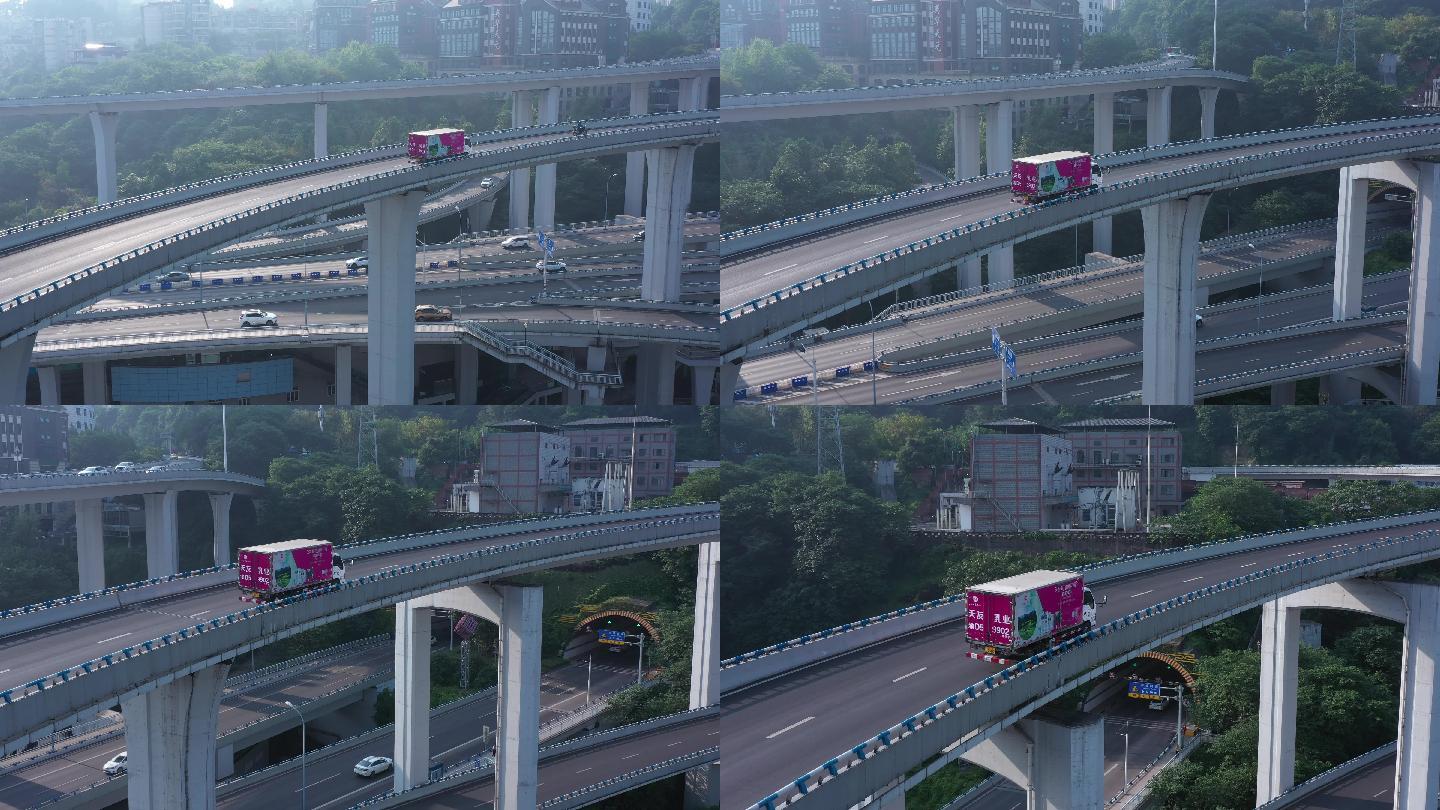 低空跟车航拍汽车行驶在重庆苏家坝立交桥上