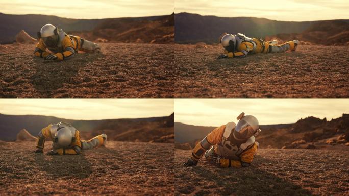 火星上坠落的宇航员。在沙漠中爬行