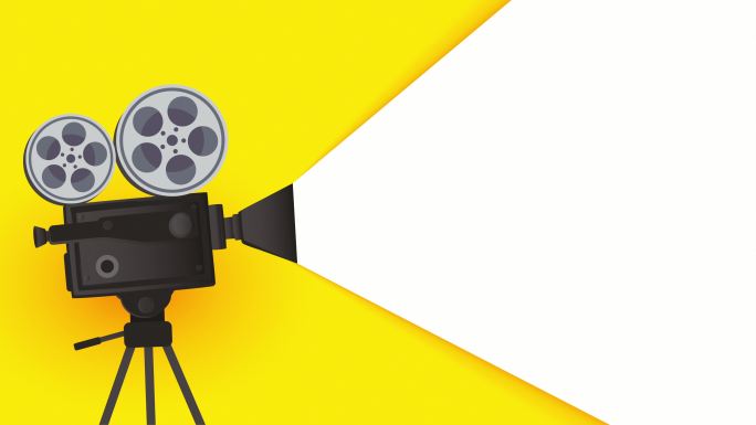 复古黄色电影摄影机和电影杂志动画背景库存视频-35mm电影摄影机动画