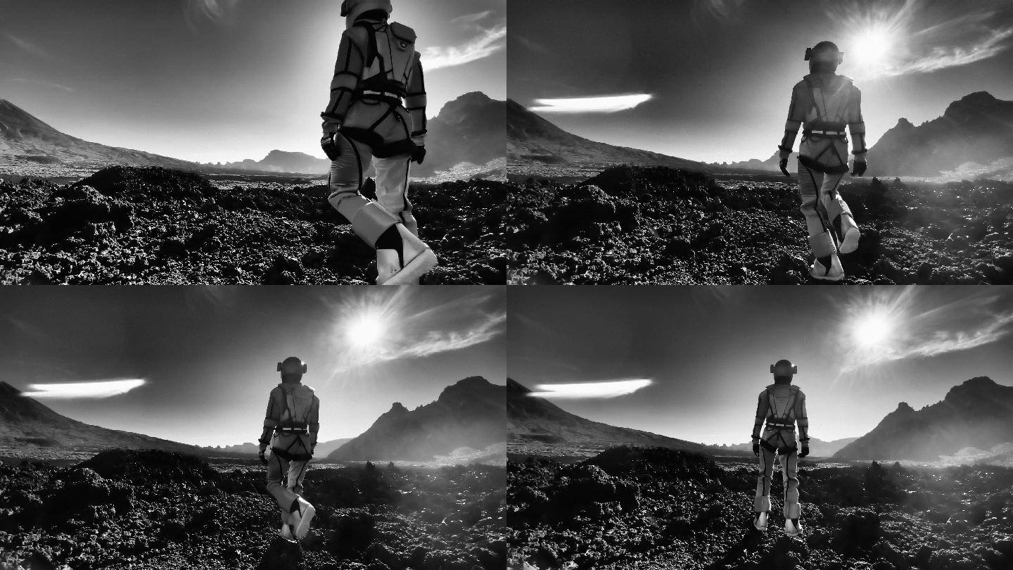在月球上散步。女宇航员探索灰色山脉。看着干燥的火山景观