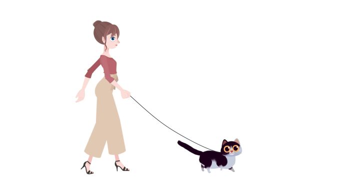 《快乐女人与猫同行》卡通动画，白色背景