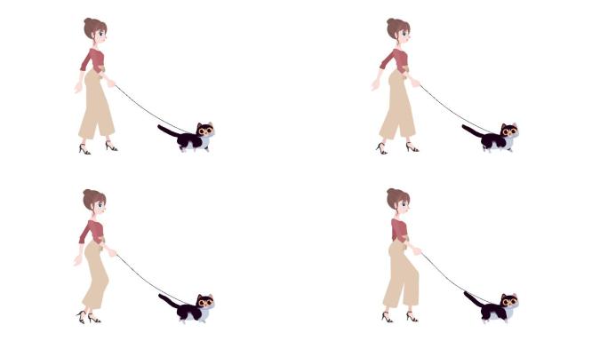 《快乐女人与猫同行》卡通动画，白色背景