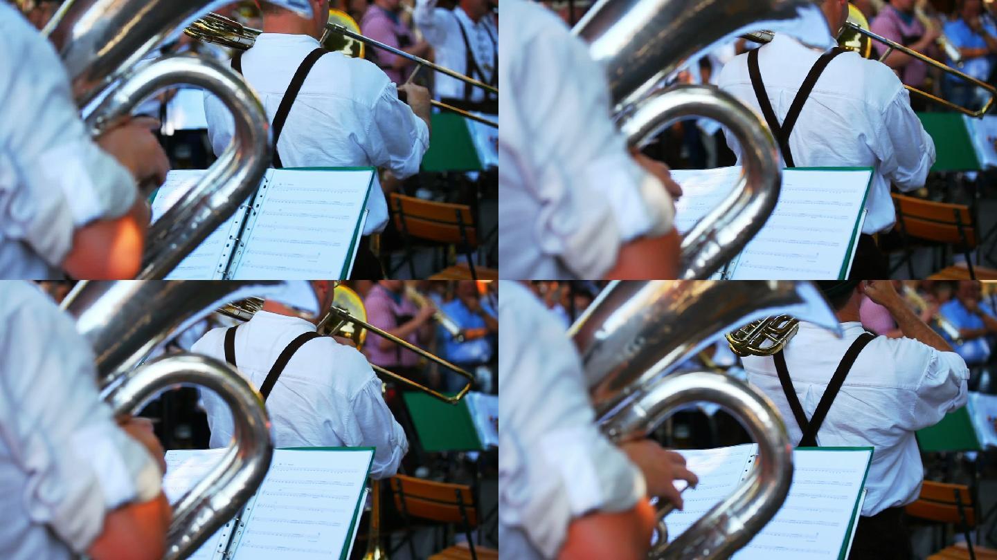 露天音乐会特写中的铜管乐队