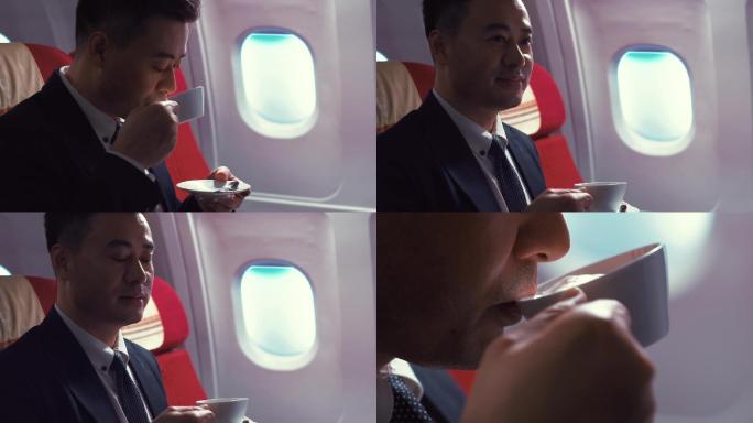 飞机乘客喝咖啡特写素材