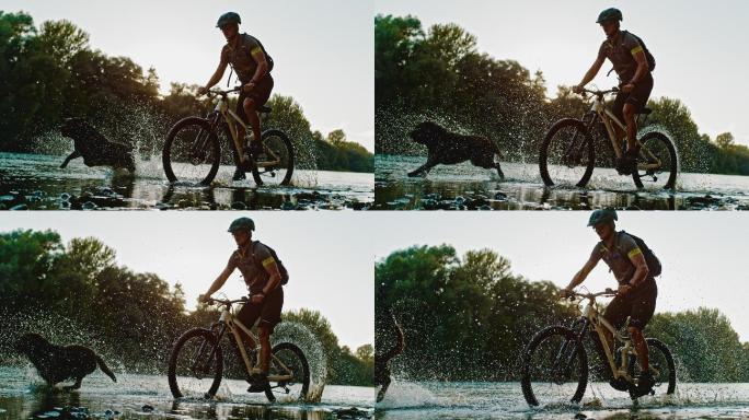 山地自行车手和他的狗在浅水区骑行的时间扭曲效应