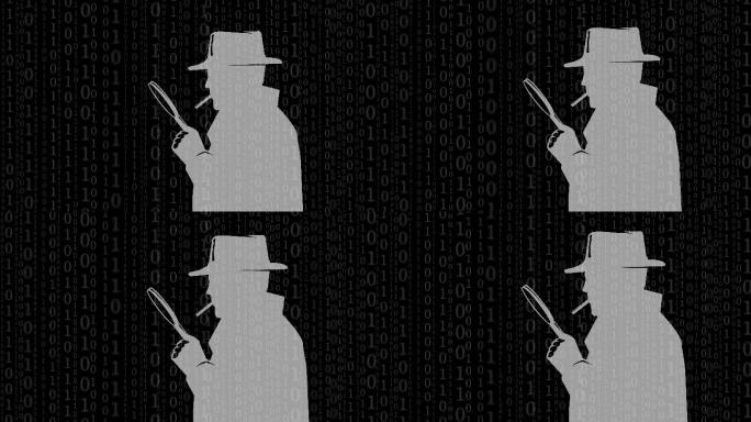 黑色电影风格检查员通过放大镜查看二进制代码