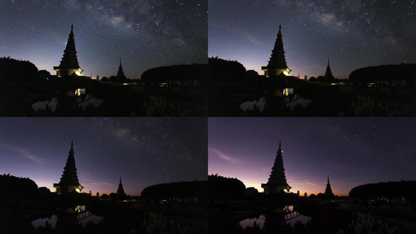 泰国北部清迈省Doi Inthanon国家公园宝塔上的延时银河