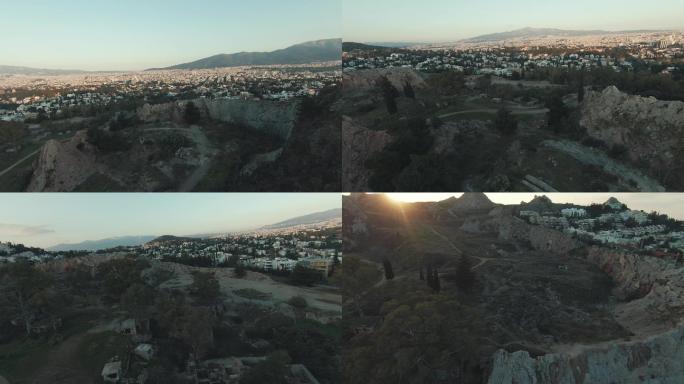 日落时分，黄昏时分，雅典北部废弃的普赛奇科采石场的超高清60p FPV快速飞行-普赛奇科、查兰德里、