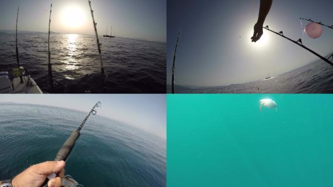 POV男子用鱼竿在船上捕鱼，男子捕鱼和放鱼，运动性海钓
