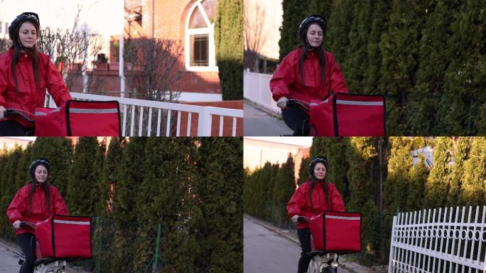 女性食品送货员在住宅区送货，自行车作为运输工具