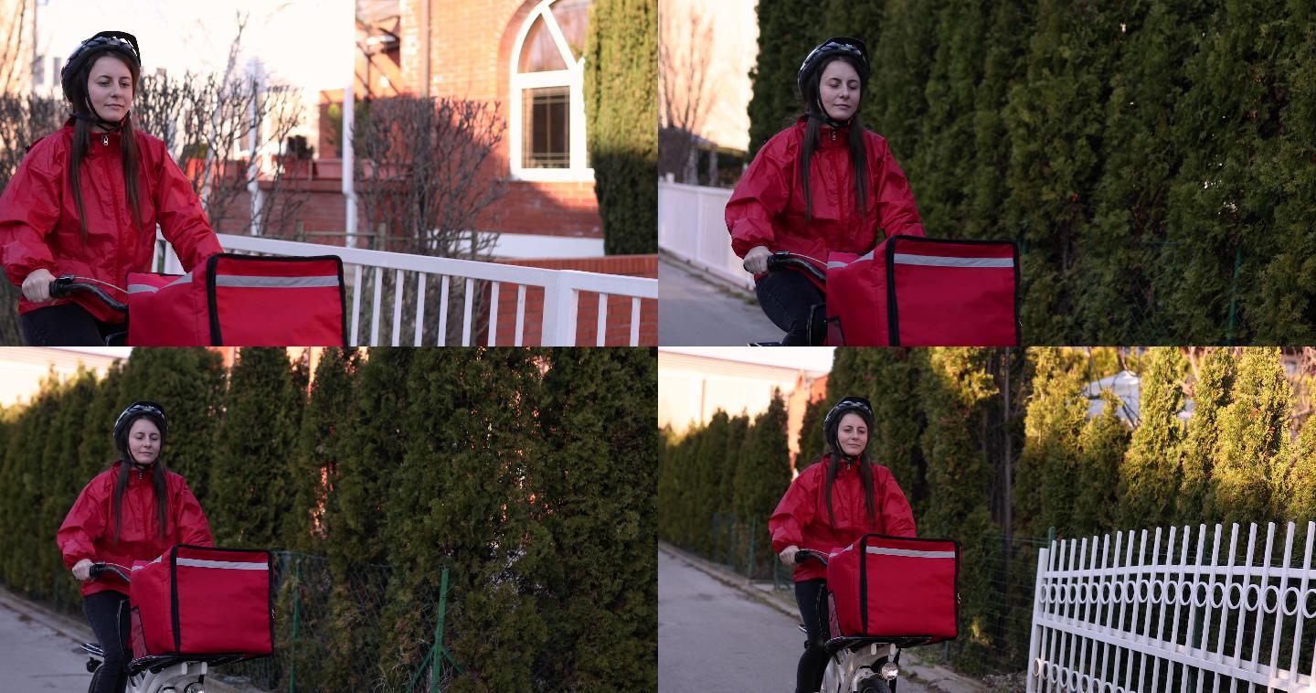 女性食品送货员在住宅区送货，自行车作为运输工具