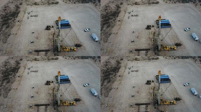 便携式石油或天然气钻机压裂平台的无人机视图
