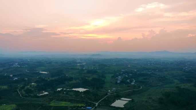 夕阳下的农村全景航拍 朝霞 晚霞