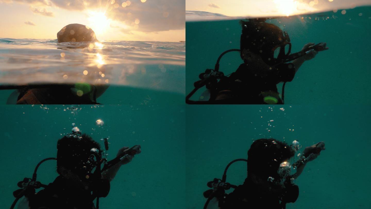 一名戴水肺的潜水员在日落时潜入水中的特写镜头
