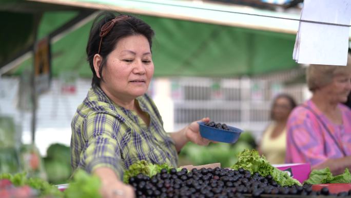日本少数民族妇女在农贸市场购买Jabuticaba/Jaboticaba