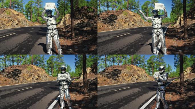 迷路的宇航员正在寻求帮助。在山路上搭便车。持有“帮助”标志