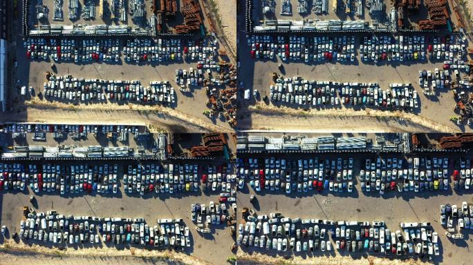 4k无人机拍摄的停放在废料场的汽车镜头