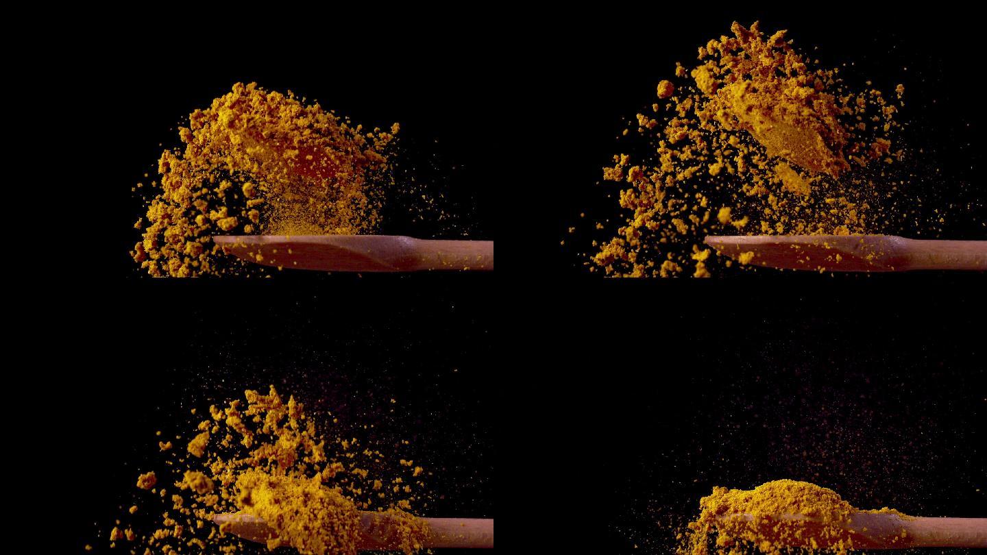 汤匙上的姜黄，超慢镜头1000 fps