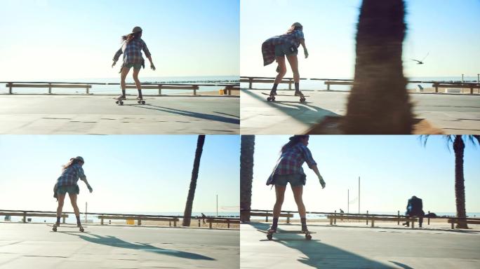 沙滩女子滑板国外少女滑轮年轻极限运动漂亮