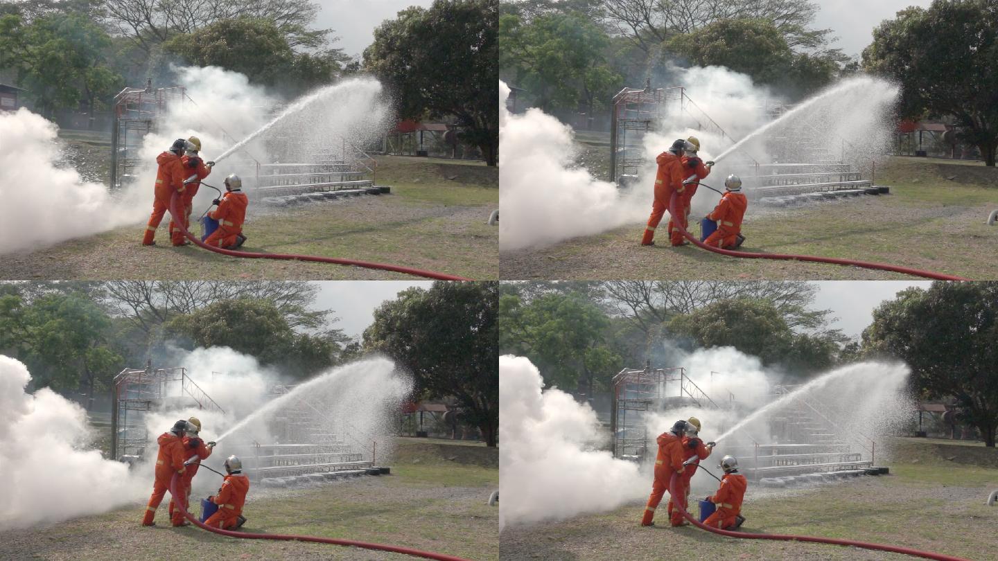 消防队员在现场慢动作时使用灭火泡沫