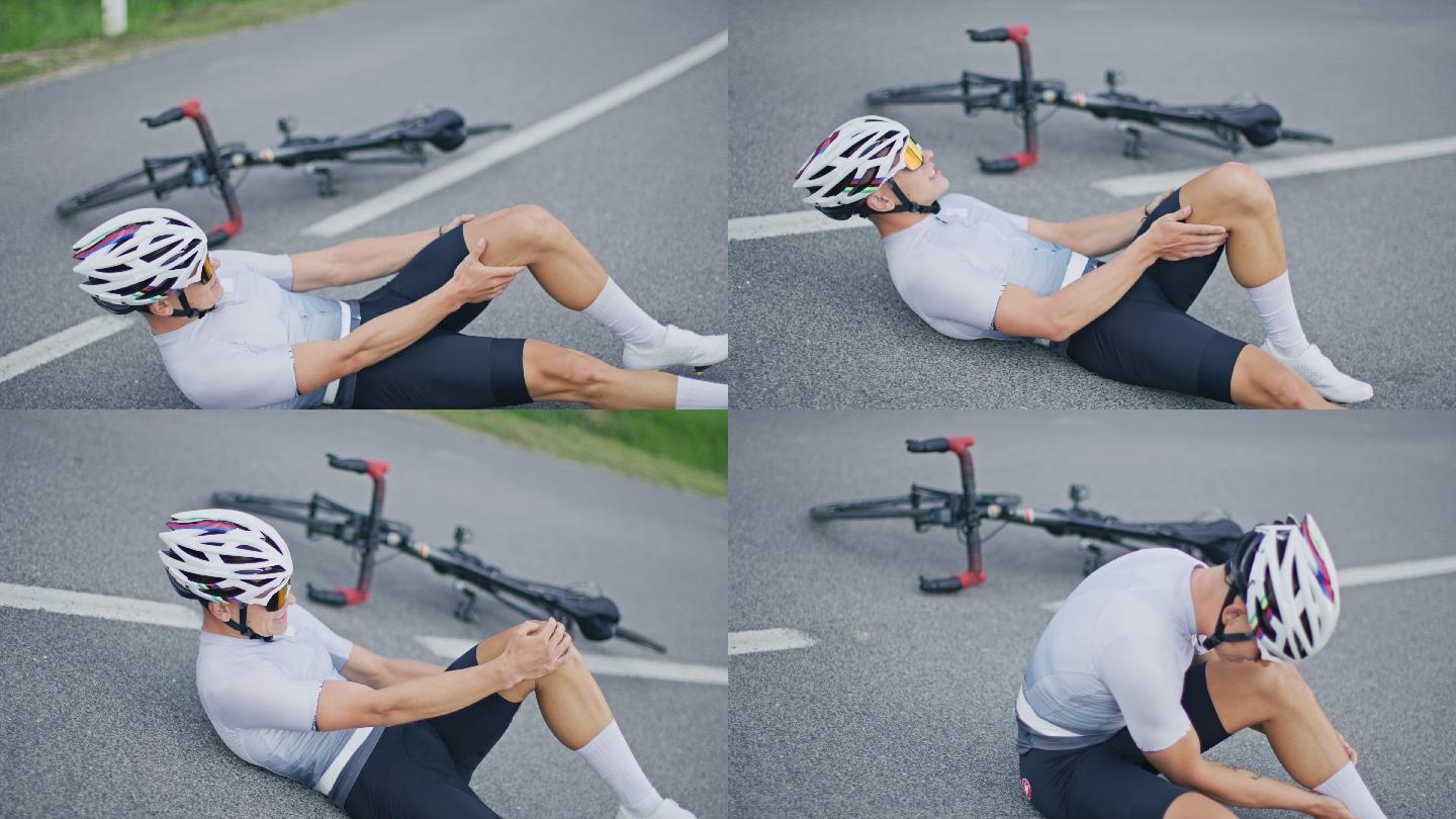 SLO MO公路自行车手在发生事故时摩擦受伤的膝盖