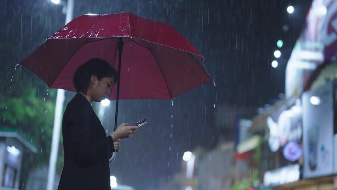 在雨中，一位亚洲妇女撑着雨伞。她用电话