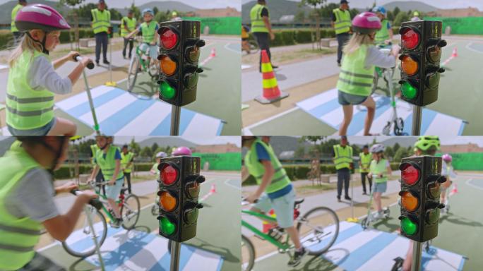 当绿灯变绿时，一个女孩骑着踏板车在交通操场周围起飞