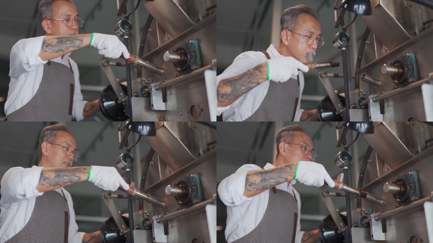低角度观看亚裔中国高级工匠微笑着拿着提尔从咖啡烤箱中提取咖啡豆烘焙生咖啡豆气味检查