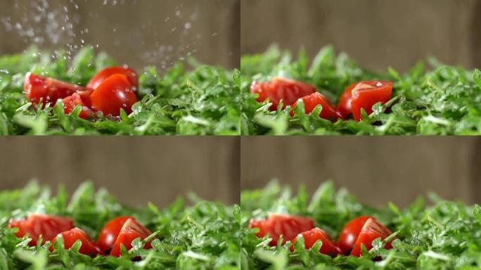 芝麻菜上的番茄碎果蔬食品有机食品