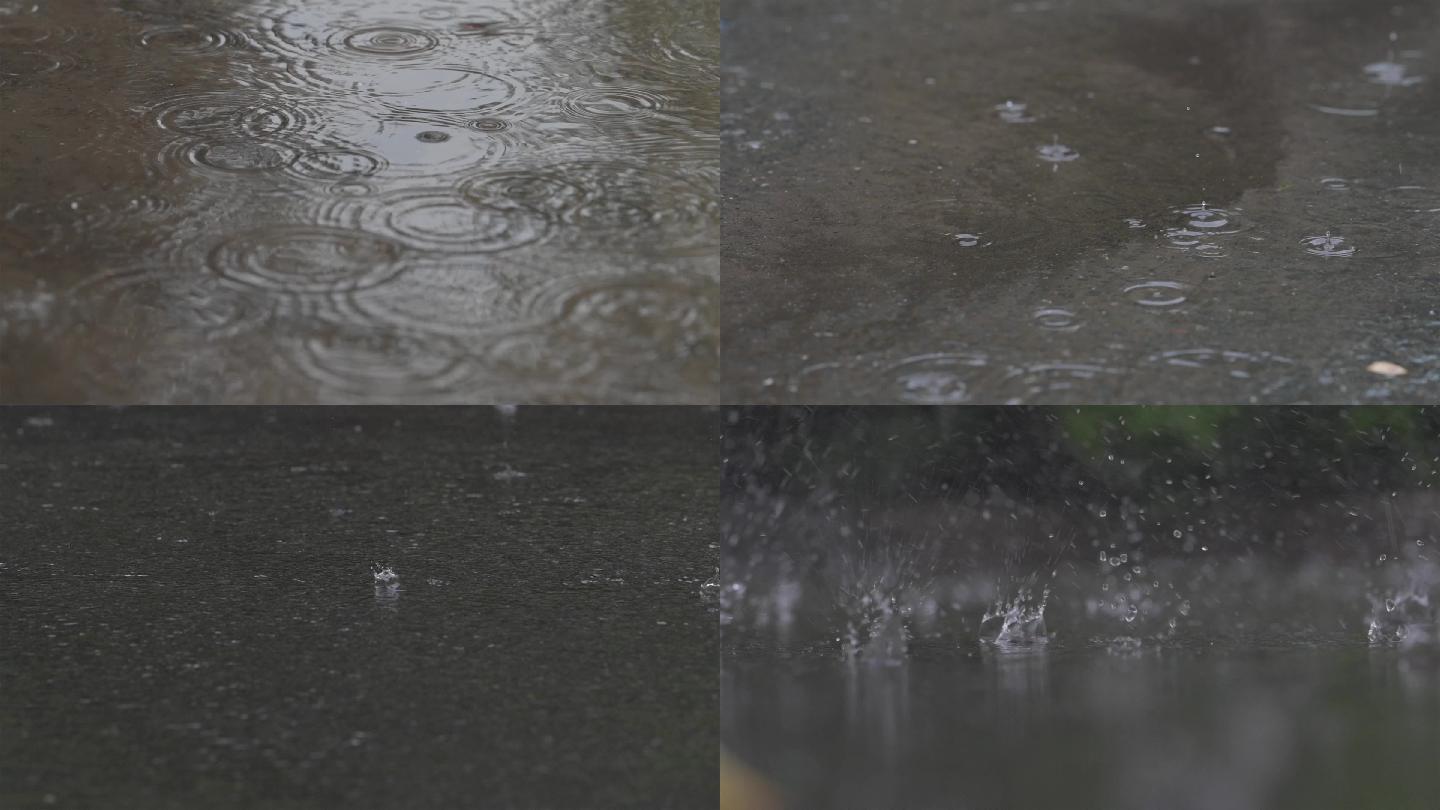 下雨天雨滴落在地面下雨清新空镜