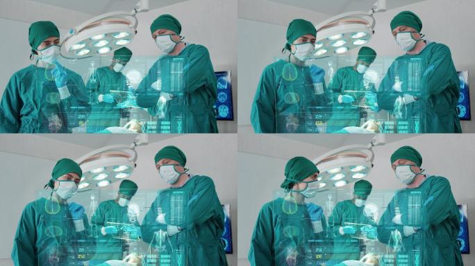 外科医生团队在手术室使用全息现代虚拟屏幕，AR增强现实手术技术医院进行医疗保健。