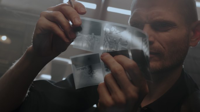 一个侦探把胶卷照片拿在手里，然后抽烟