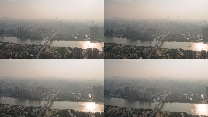 雾霾天气下的广州城市天际线日出延时航拍