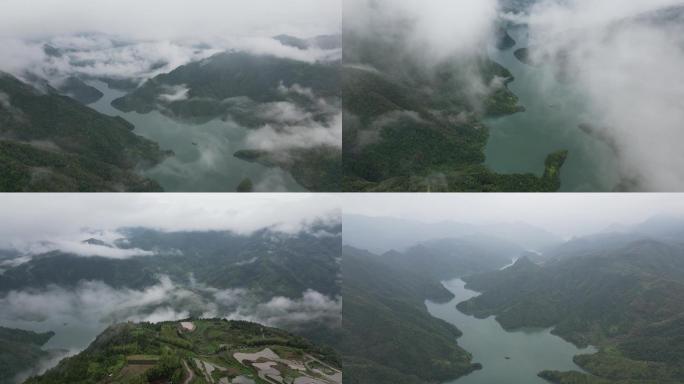 云雾缭绕绿水青山自然乡村湖森林大山云雾
