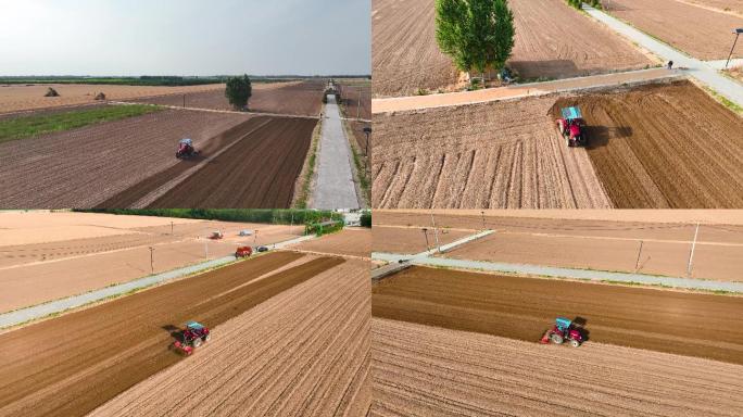 夏季的济南，航拍一台农机在进行耕种作业