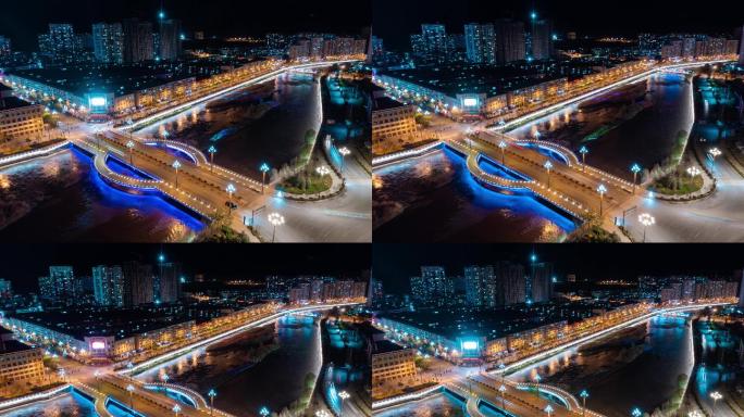 青海乐都湟水大桥夜景航拍延时摄影