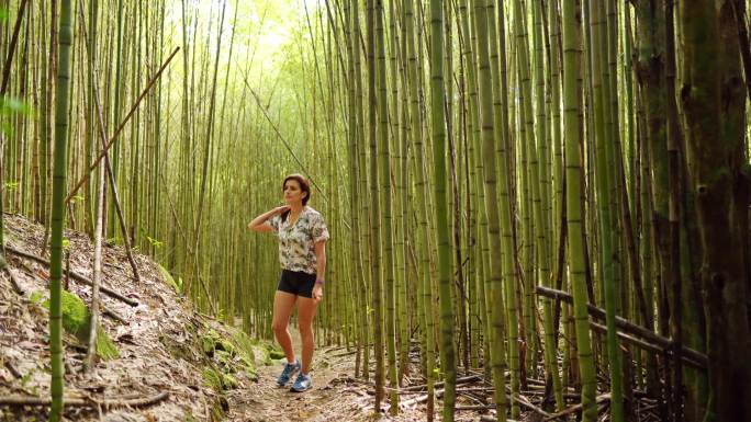 年轻女子在竹林中徒步旅行时四处张望