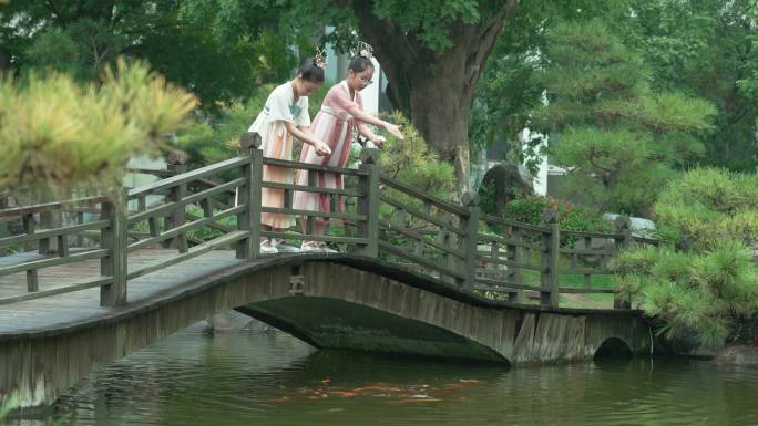 女孩们穿着汉服，在公园里喂锦鲤。