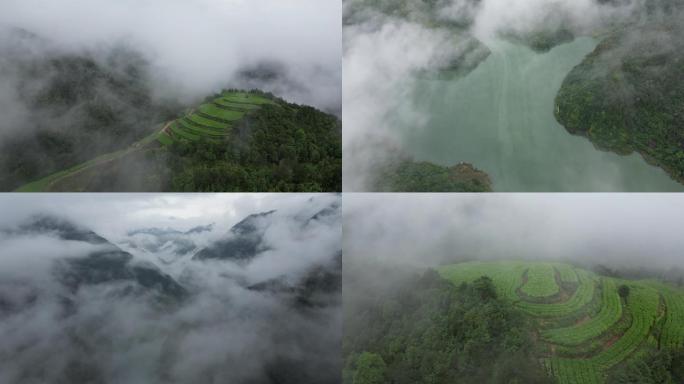 云雾缭绕绿水青山自然乡村湖森林大山