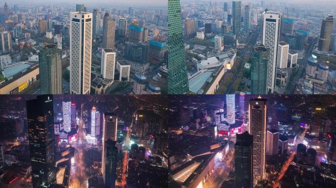 南京新街口丽思卡尔顿航拍日转夜延时摄影