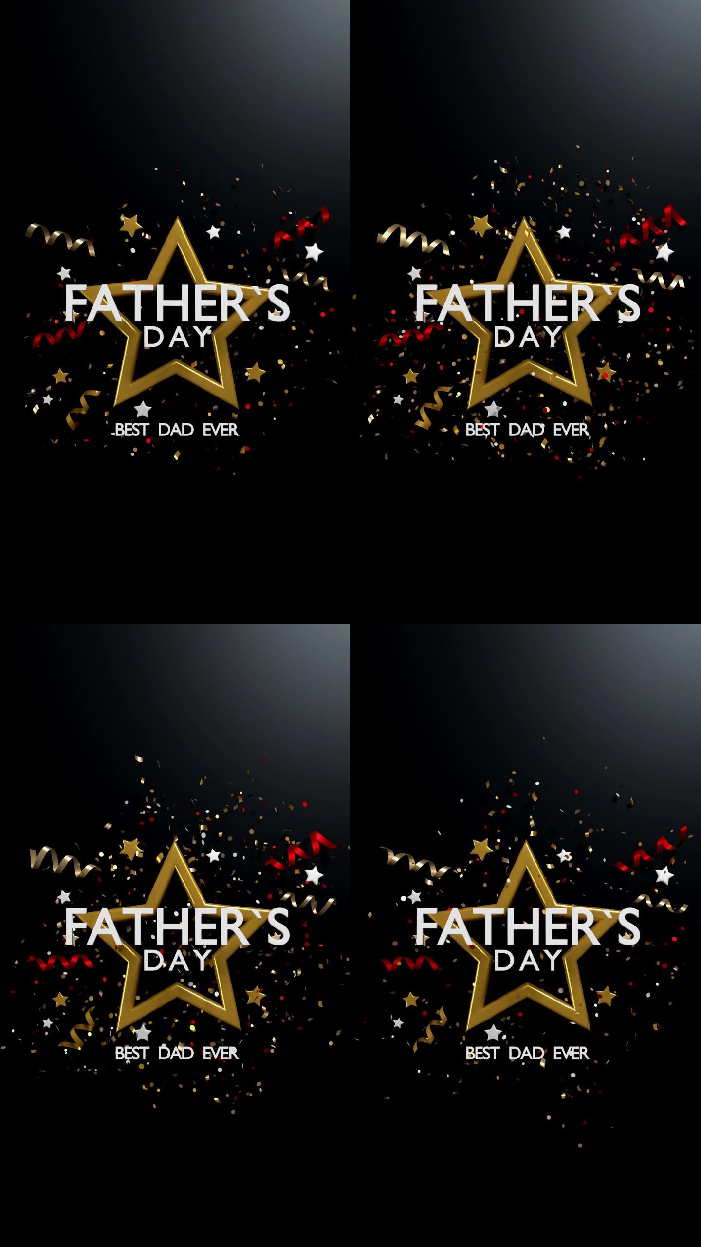 垂直式父亲节有史以来最佳父亲头衔，抽象黑色背景，星形五彩纸屑和闪光环，4K分辨率