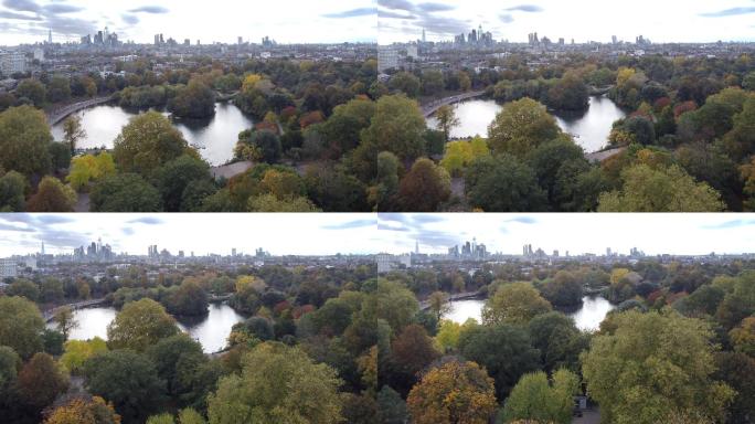 维多利亚公园（人民公园），伦敦东部秋季（繁荣下降，无人机视角）