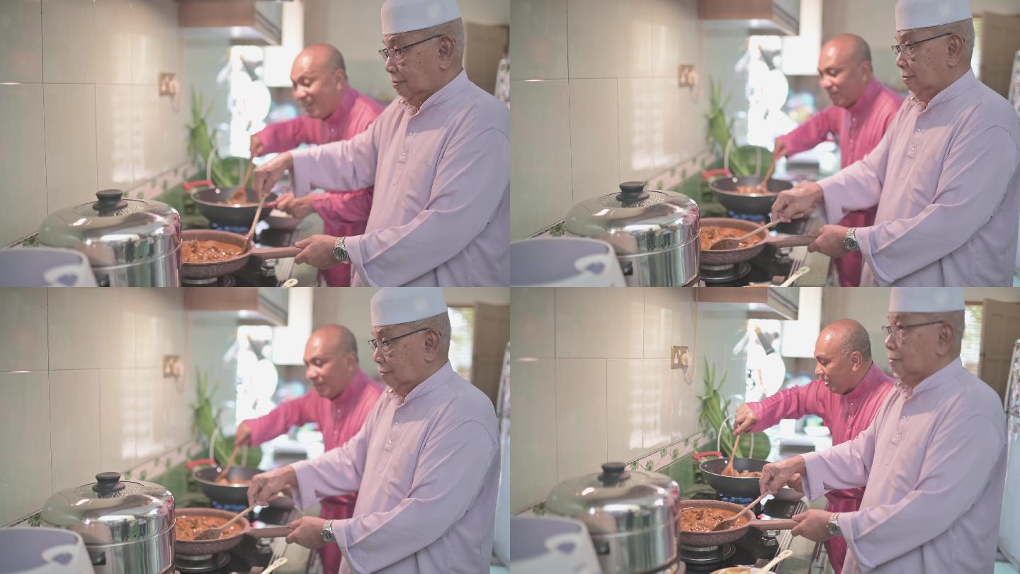 马来人的祖父和父亲在厨房里并肩烹饪传统食物咖喱，为哈里·拉亚一家的团圆饭做准备
