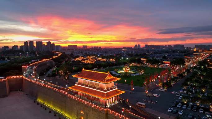 正定南门楼晚霞夜景