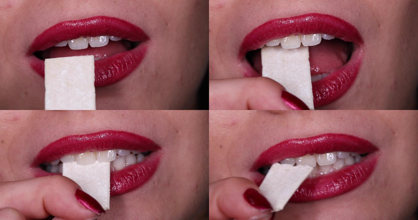 吃口香糖咀嚼吃享受整齐的牙齿