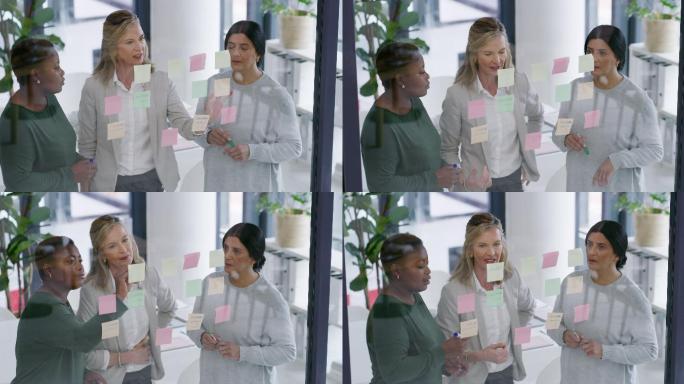 一组女商人在办公室玻璃墙上用笔记集思广益的4k视频片段