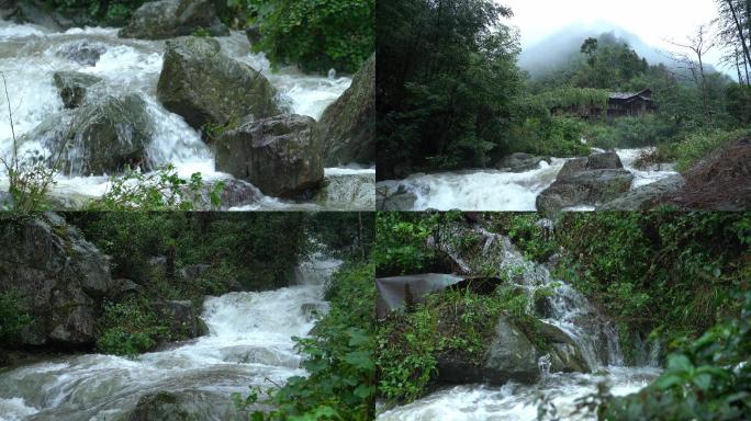 4K大自然森林河流洪水夏天湿润雨水木屋