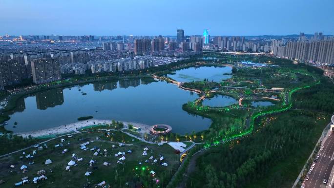 航拍长春南溪湿地公园夜景