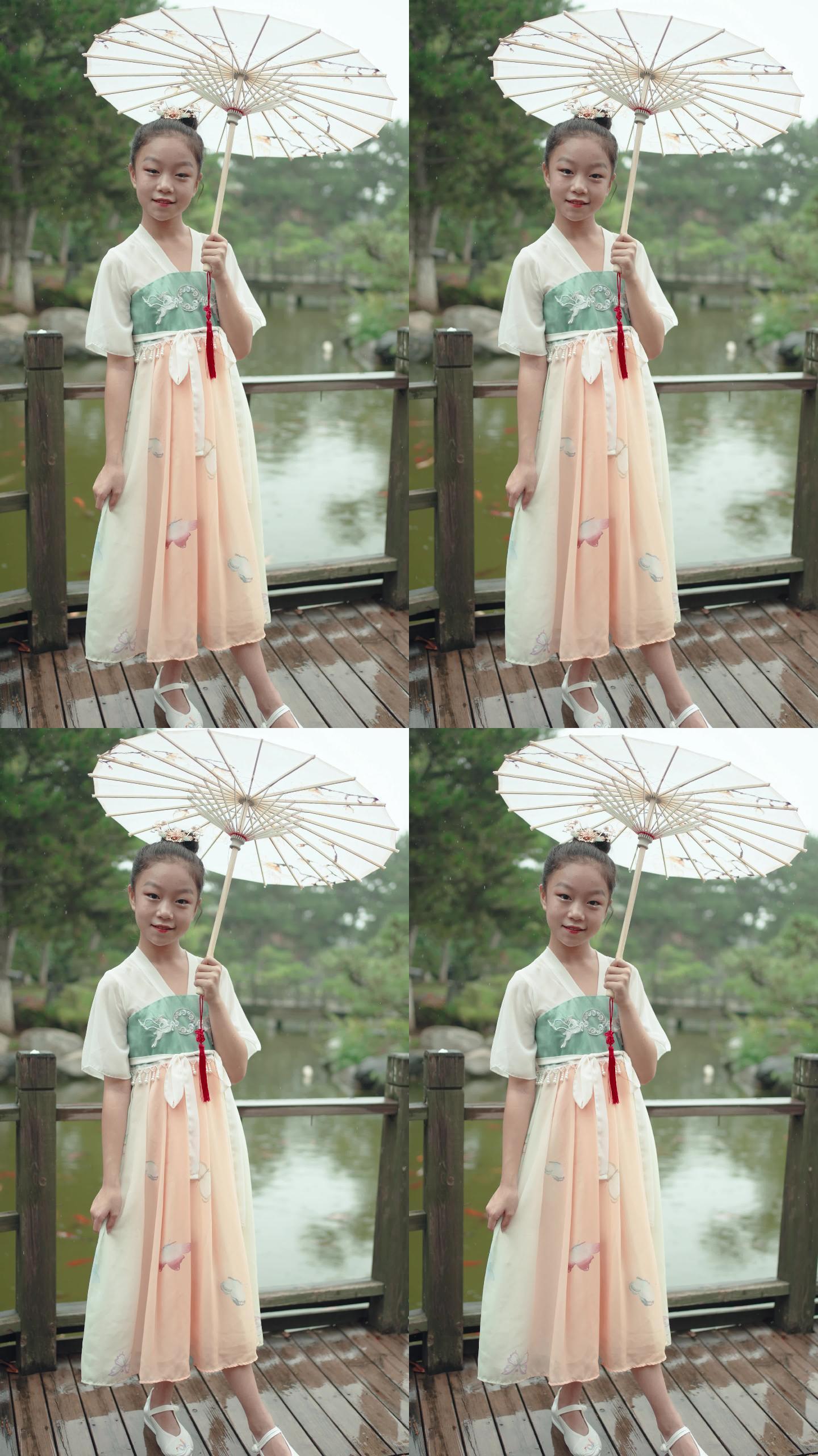 女孩们穿着汉服中国风油纸伞古装